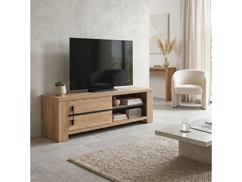  Meuble tv 1 porte coulissante aspect chêne naturel et noir mat - carvik CARVIK - Conforama B
