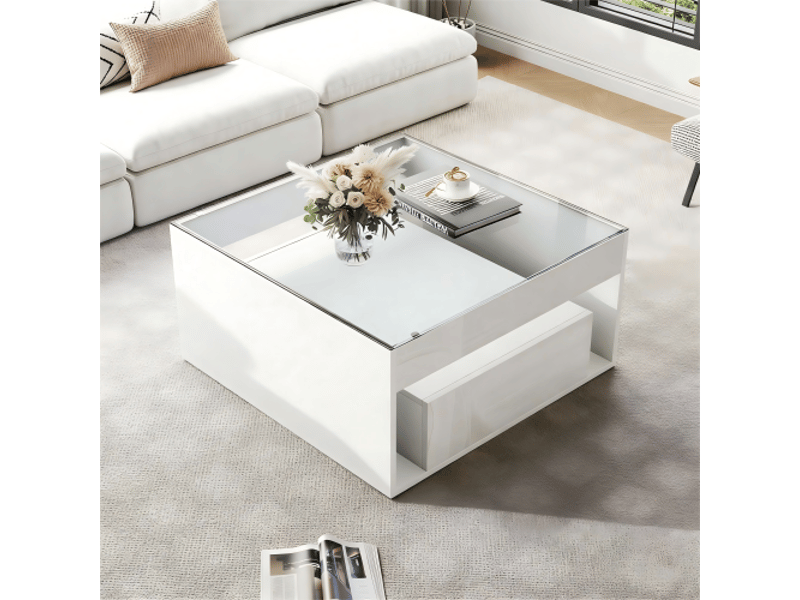  Table basse 70 x 70 cm blanc brillant, 2 tiroirs, design ajouré, plateau en verre trempé, led intégré  - Conforama B