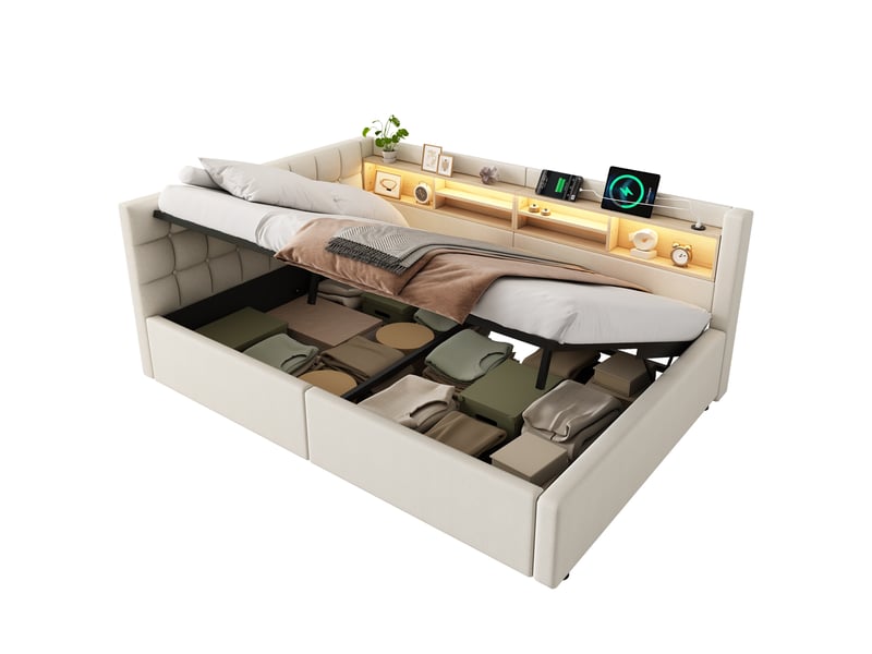  Lit coffre hydraulique 140x200 cm avec led dimmable, étagères, usb et tête réversible, tissu lin beige, sans matelas  - Conforama A