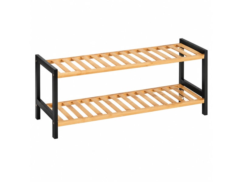  Étagère à chaussures 2 niveaux en bambou naturel &amp; noir, capacité 6 paires - longueur 69 x profondeur 24 x hauteur 31 cm  - Conforama A