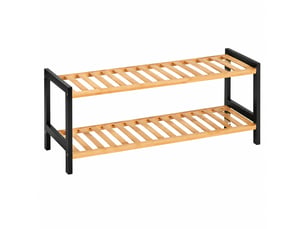 Étagère à chaussures 2 niveaux en bambou naturel & noir, capacité 6 paires - longueur 69 x profondeur 24 x hauteur 31 cm