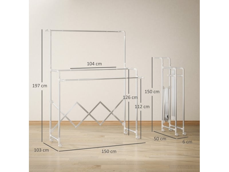  Étendoir à linge sur pied pliable 150 cm – argent – 3 barres réglables, roulettes et usage intérieurextérieur  - Conforama C