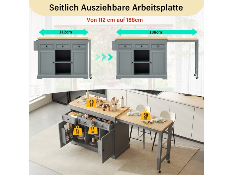  Îlot de cuisine sur roulettes avec plan de travail extensible et tiroirs gris KL000016AAE - Conforama E