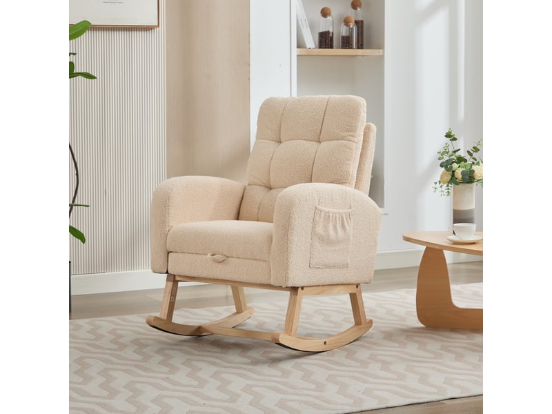  Fauteuil à bascule beige en tissu bouclette avec repose-jambes intégré et pieds en bois massif 132x50x99 cm  - Conforama E