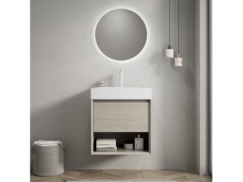 Meuble sous vasque suspendu avec 1 tiroir, étagère ouverte et fermeture douce pour salle de bain 55 × 46 × 60 cm - Conforama D