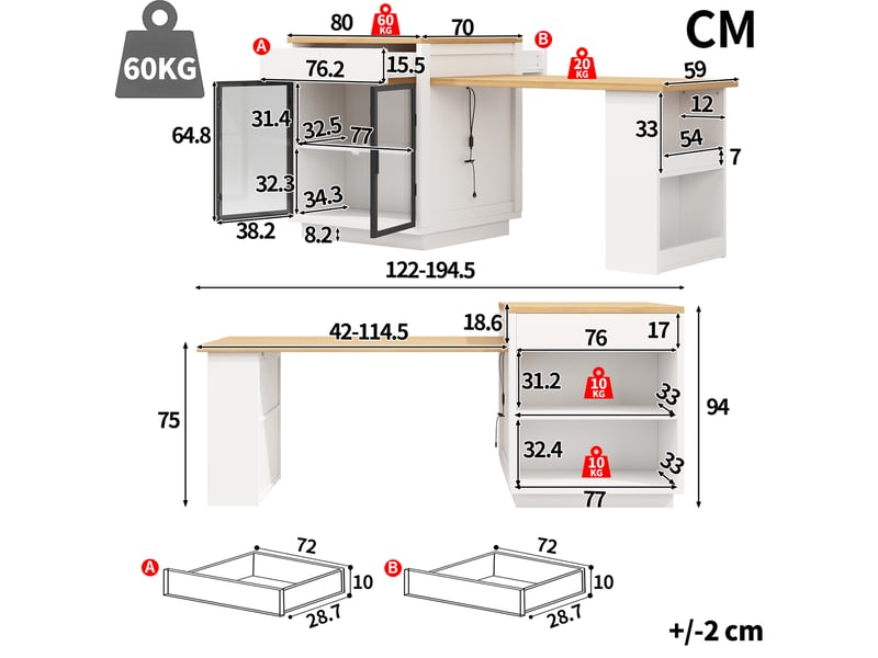  Îlot de cuisine extensible avec 2 tiroirs, portes vitrées et éclairage à led pour cuisine et salle à manger en mdf blanc  - Conforama C