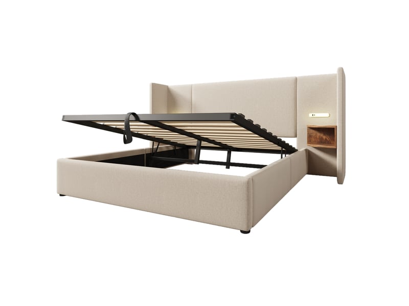  Lit double 160x200 cm avec rangement, lampe de lecture et charge usb type-c, métal et lin, beige sans matelas  - Conforama D