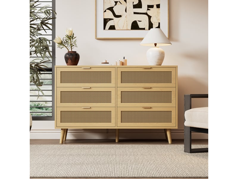  Commode 6 tiroirs avec poignées en métal pour chambre en panneaux de particules 120×40×76,5 cm noyer  - Conforama C