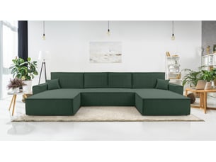 Canapé d'angle panoramique convertible <strong>AX LIVING </strong> <strong>Cedria U</strong> 5 places Velours côtelé vert avec coffre de rangement