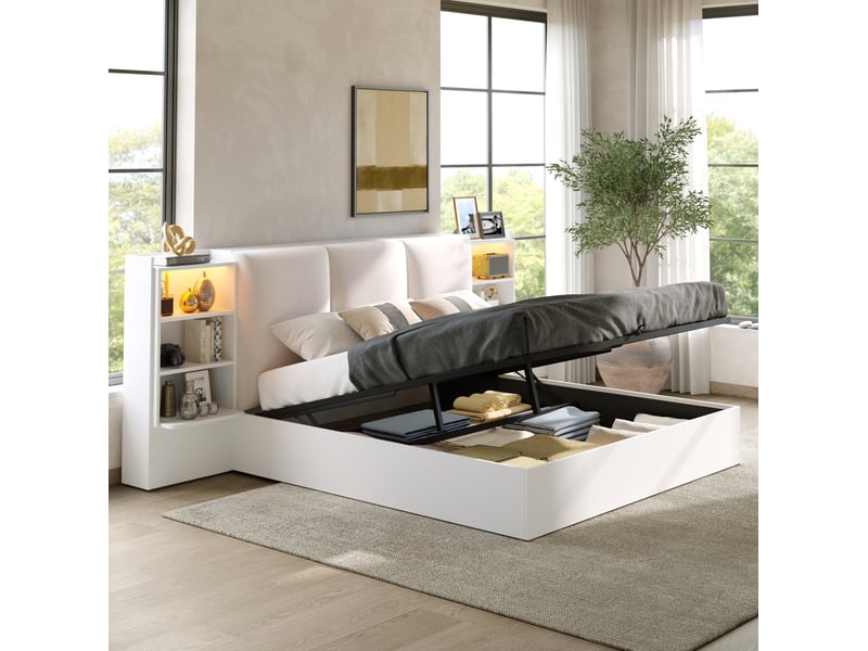 Lit double 180 × 200 cm avec tête de lit rembourrée, 6 niches, rangement hydraulique et led pour chambre, blanc - Conforama B