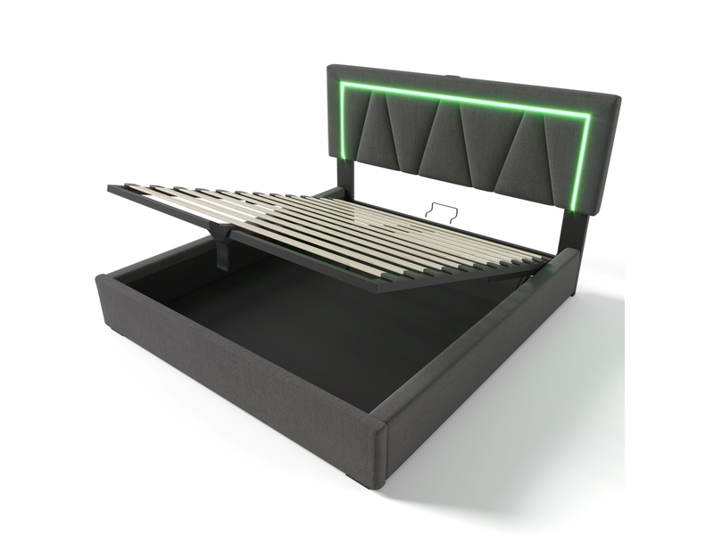  Lit rembourré double 160x200 cm en lin gris avec tête réglable, led, usb type-c, coffre et matelas inclus  - Conforama A
