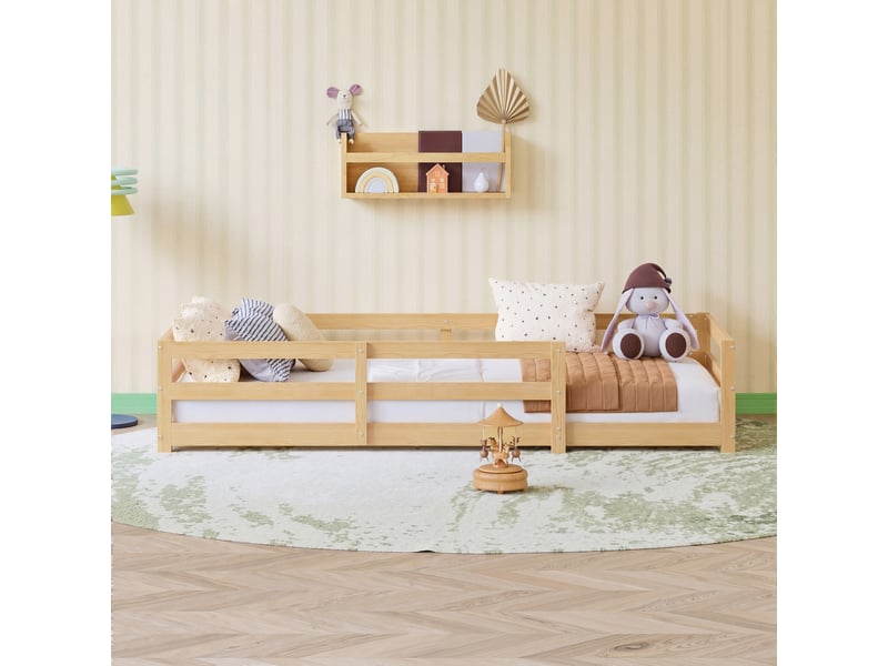  Lit montessori 90x200 cm en pin massif naturel avec barrière périphérique 40 cm, sommier à lattes inclus  - Conforama D