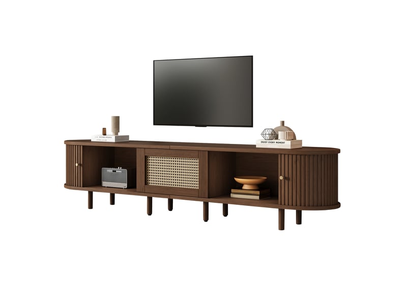  Meuble tv ovale en noyer foncé, pieds réglables, design rotin meuble télé 180 cm design mdf, capacité de charge 30 kg  - Conforama C