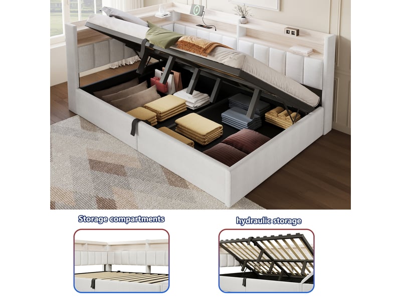  Lit coffre hydraulique 140x200 cm avec led, usb-a et usb-c et tête réversible, velours beige, sans matelas  - Conforama R