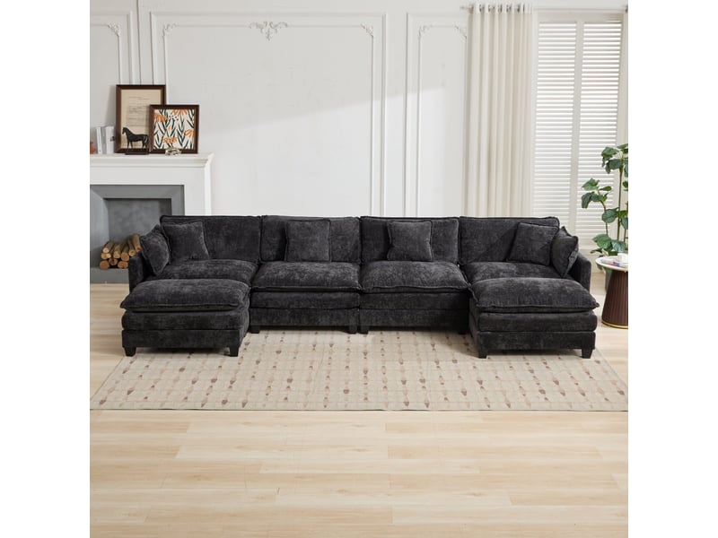 Canapé droit modulable 4 places 380 × 75 × 84 cm en chenille noir, coussins rembourrés IKSETERA TRADING LTD - Conforama E
