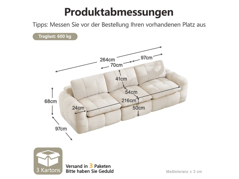 Canapé modulable 3 places 264x97x68 cm en chenille beige - Conforama C