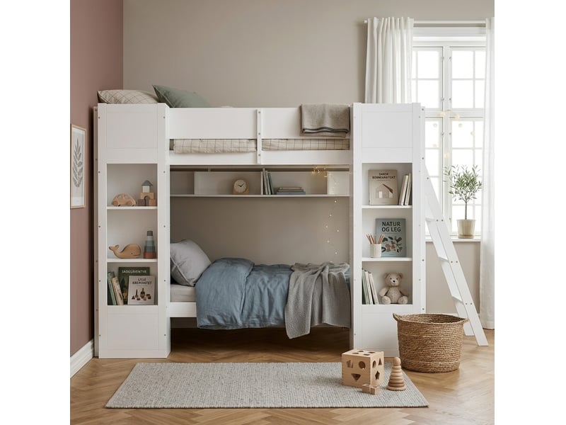  Lit superposé enfant modenvie 90 x 200 cm blanc avec rangements, échelle réversible et protection anti-chute  - Conforama E