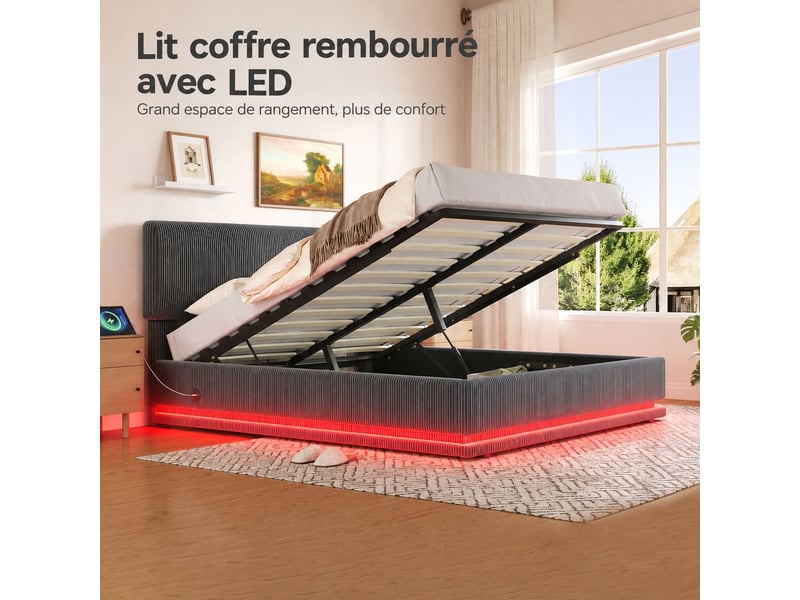  Lit en velours côtelé gris foncé avec coffre, led, usb-c et tête réglable, couchage 160 x 200 cm  - Conforama B