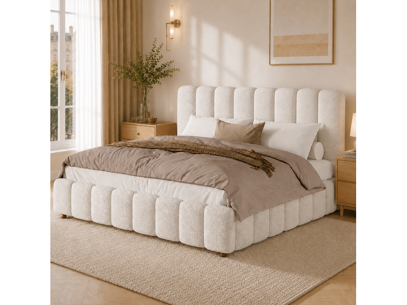  Lit rembourré tcqpz double 160 x 200 cm avec sommier à lattes tête de lit capitonnée bouclette blanche pieds en bois  - Conforama B