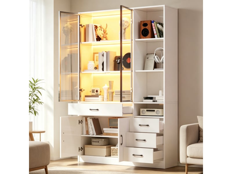  Bibliothèque vitrine blanche avec éclairage led, 13 rangements et 4 tiroirs, 120 x 35 x 200 cm pour salon et bureau  - Conforama B