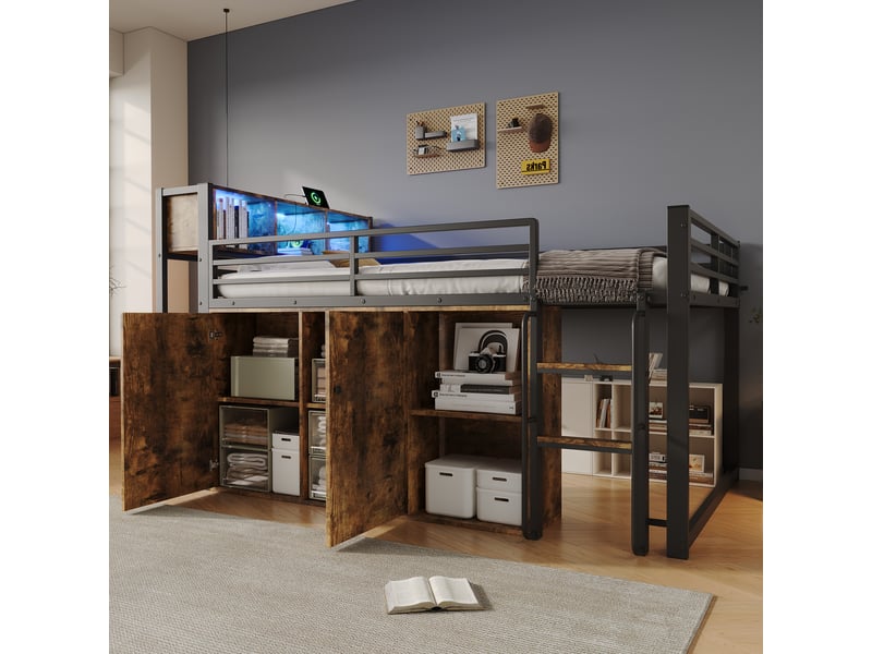  Lit mezzanine 120 x 200 cm - avec prise de courant et lumière led - avec casiers et compartiments de rangement ouverts - noir (matelas non inclus)  - Conforama E