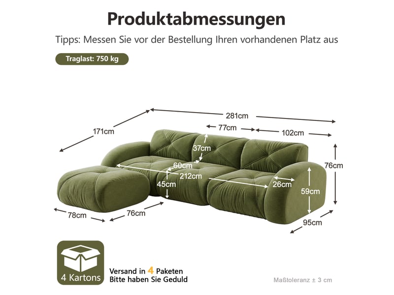  Canapé modulaire 3 places avec repose-pieds en chenille vert  - Conforama E
