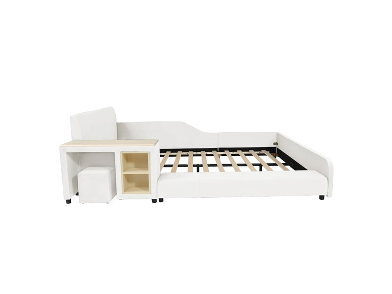  Lit rembourré avec bureau pour enfant - 140x200 cm - blanc - velours - étagère intégrée - tête de lit douce CYQ-N622T071345W - Conforama W