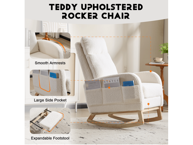  Fauteuil à bascule à dossier haut avec poche latérale et repose-pieds en polaire blanche, 75 × 63 × 104 cm  - Conforama C