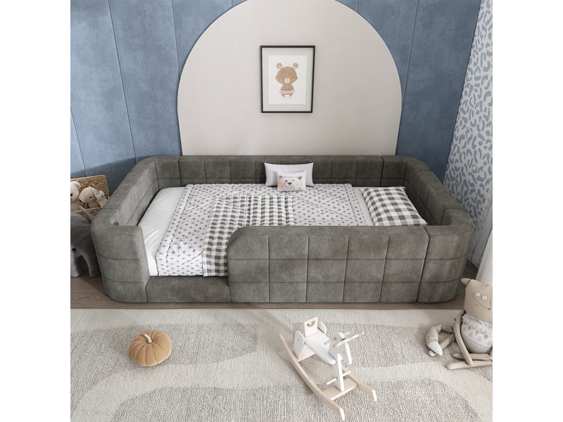  Lit simple rembourré 90x190 cm, lit enfant, barrière de sécurité, sommier à lattes, couchage confortable pour 2 personnes, chenille gris CozyNest - Conforama B