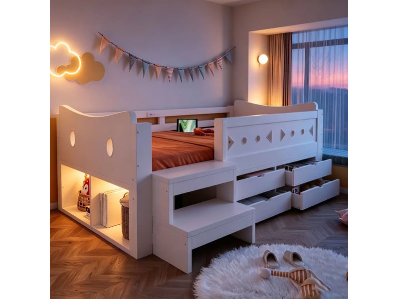  Lit enfant 90 x 200 cm blanc avec rangements, tiroirs, barrières de sécurité, éclairage led et ports usbtype-c  - Conforama C
