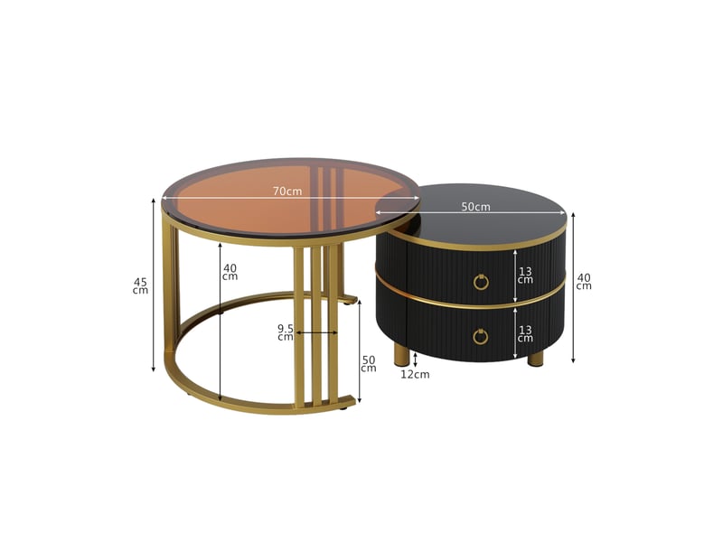  Tables basses gigognes avec 2 tiroirs et 2 plateaux, plateau en verre trempé, finition brillante, pour salon  - Conforama D