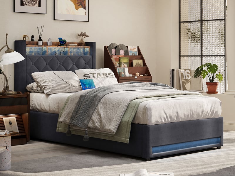  Lit coffre 90x190 cm gris en velours avec led multicolore, usb et rangement intégré  - Conforama D