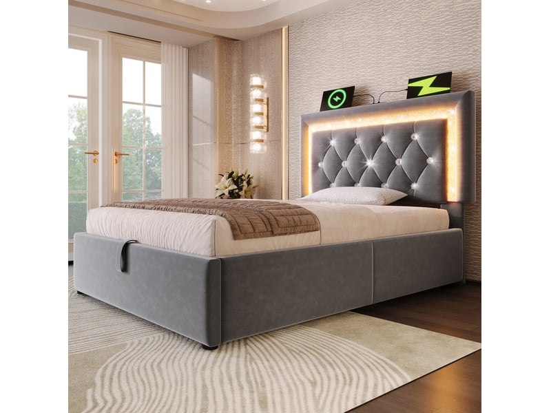  Lit coffre simple 90x200cm design moderne tête à led bande diamant charge usb type-c velours gris sans matelas  - Conforama D