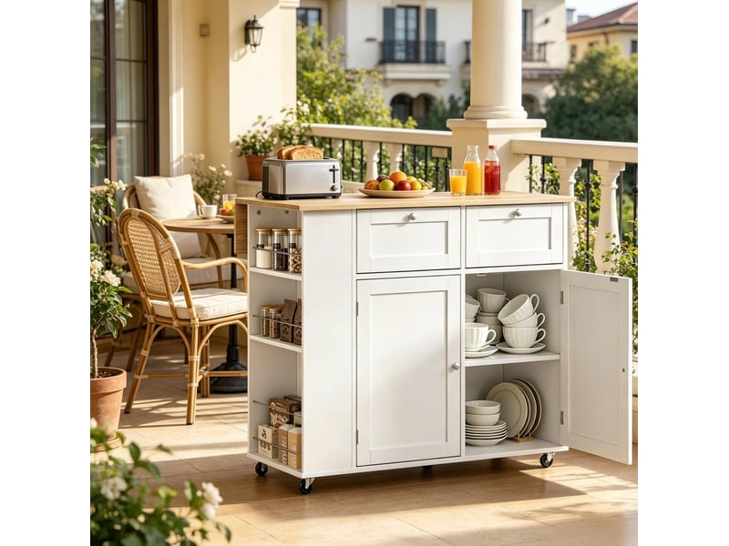  Îlot de cuisine mobile à plateau rabattable, blanc et chêne clair, 101 x 62 x 86 cm  - Conforama C