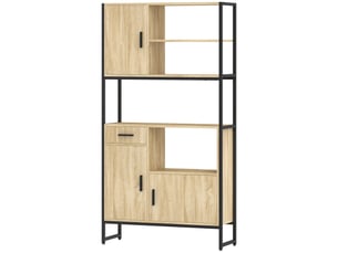 Buffet haut cuisine - meuble micro-onde style industriel - métal noir effet bois naturel