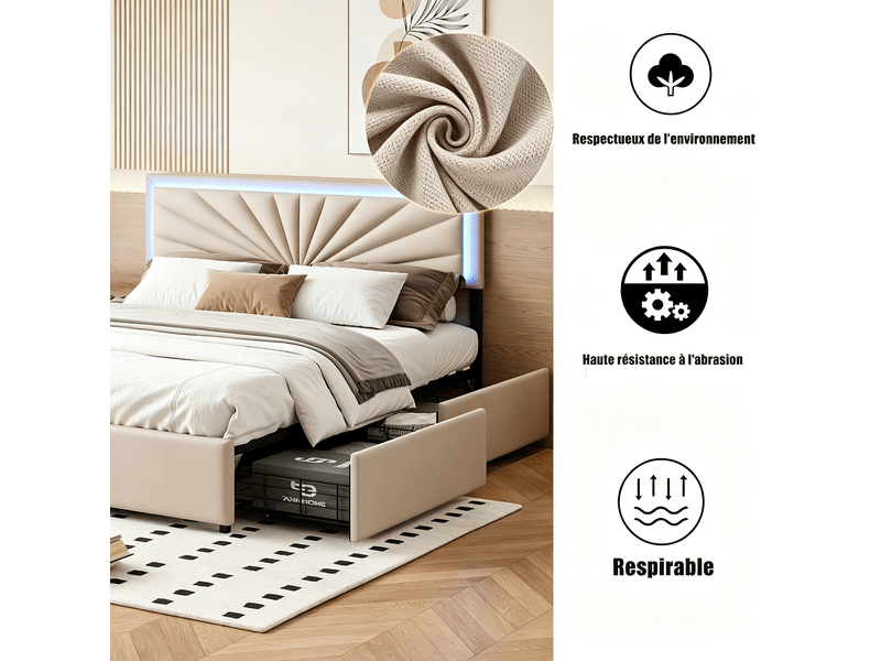  Lit 160 x 200 cm - led - usb - moderne - cadre de lit adulte 160x200 cm - velours - beige  - Conforama D