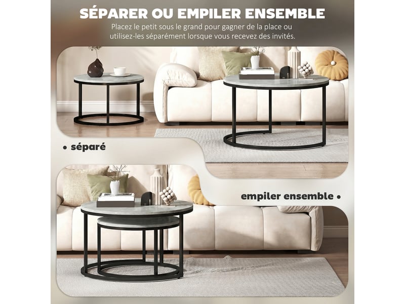  Lot de 2 tables basses gigognes empilable design pieds industriel en métal gris  - Conforama E