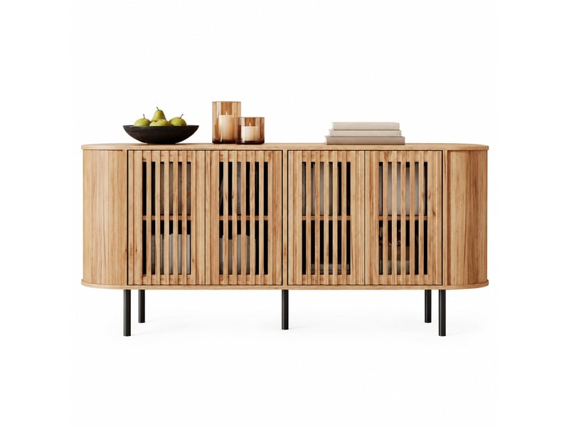  Buffet 160 x 40 x 70 cm en mdf coloris naturel avec 4 portes coulissantes perforées  - Conforama A