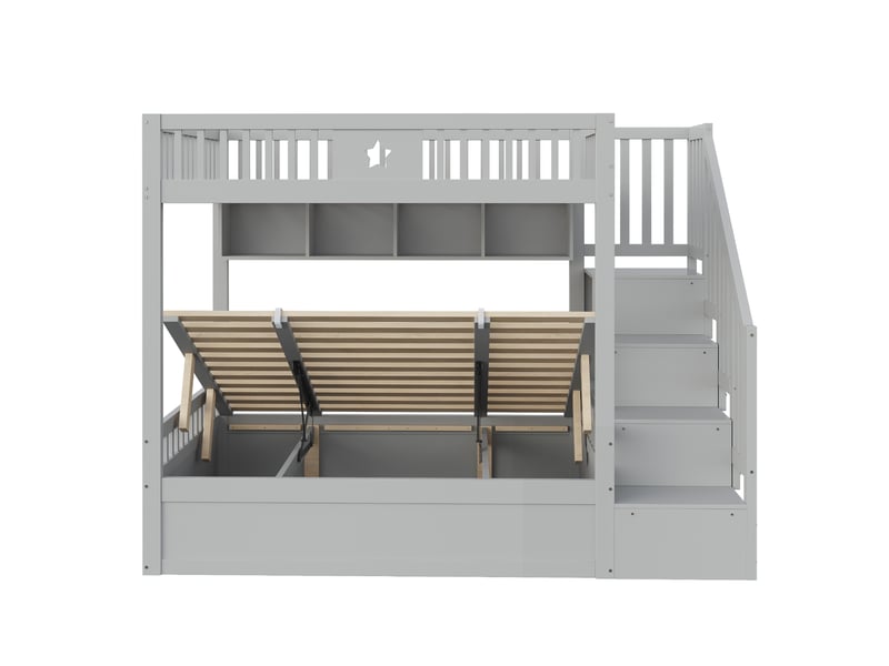  Lit superposé 140x200 cm rangement hydraulique bois gris sans matelas  - Conforama E