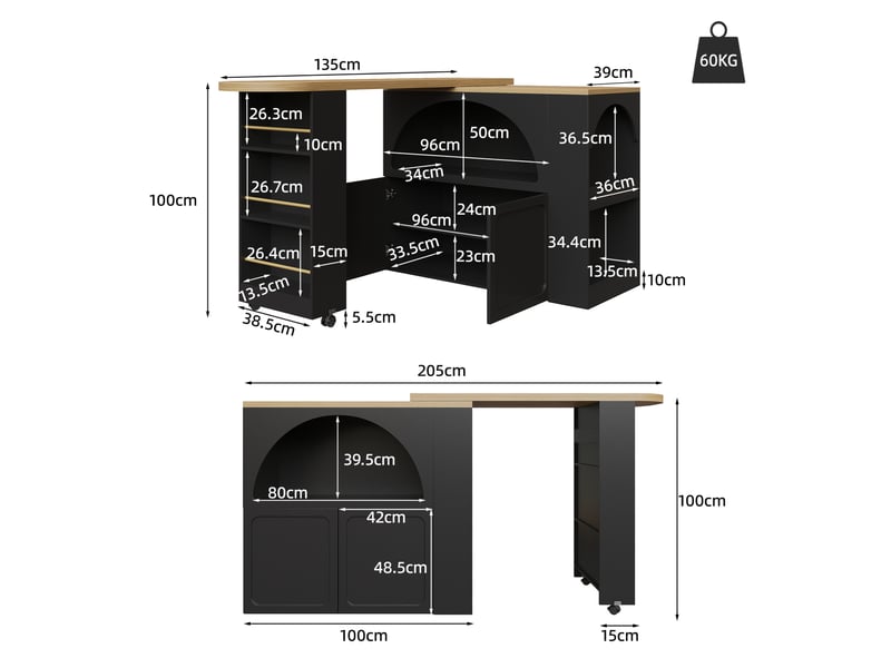  Table bar extensible 135x205 cm avec rangement mdf noir  - Conforama E