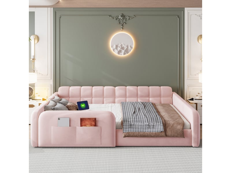  Lit enfant rembourré - 140x200 cm - barrières de sécurité - tiroirs de rangement - éclairage led - prise de charge - velours - rose CozyNest - Conforama C