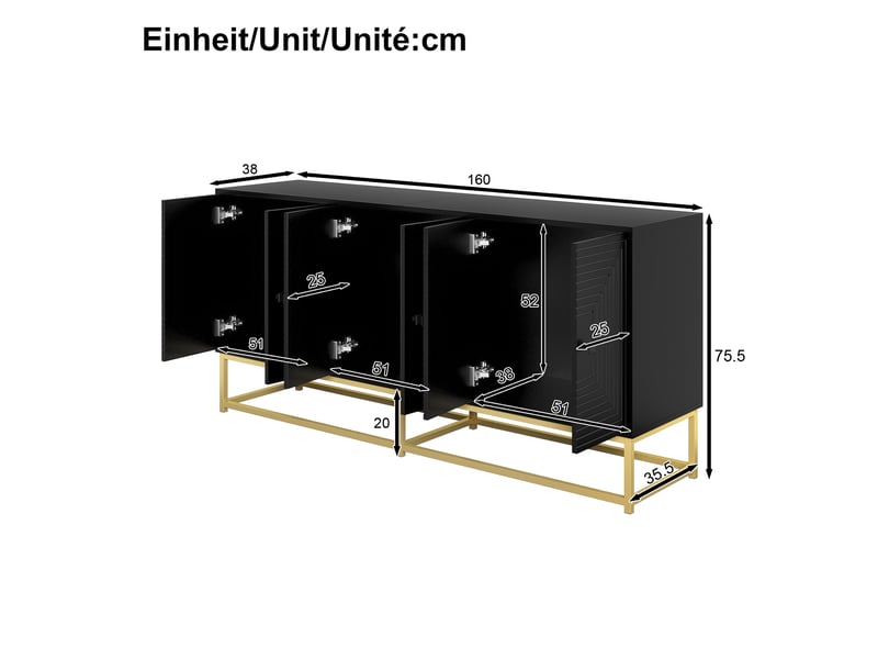 Buffet noir mat 160x38x75.5 cm meuble de rangement salon avec 3 portes et structure stable - Conforama C