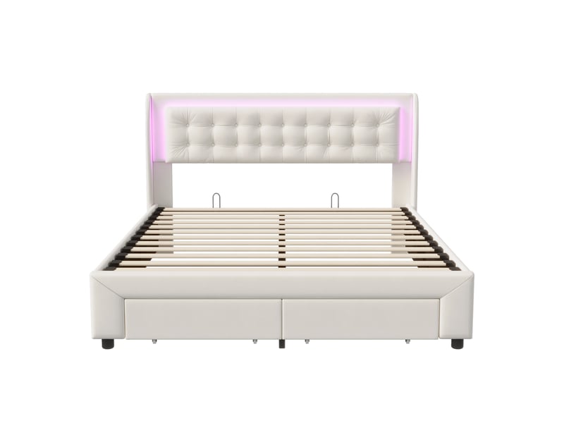  Cadre de lit, 140 x 190 cm, avec rangement, led, revêtu de velours, beige 200x140x42cm - Conforama D