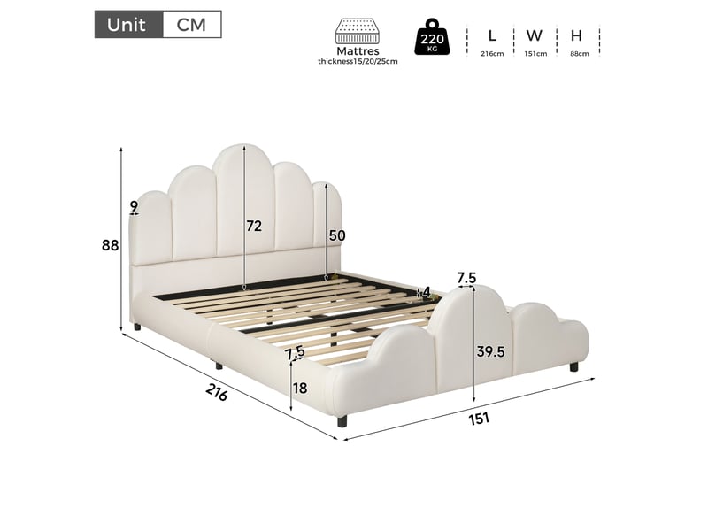  Lit 2 places rembourré 140x200 cm coloris beige velours  - Conforama C