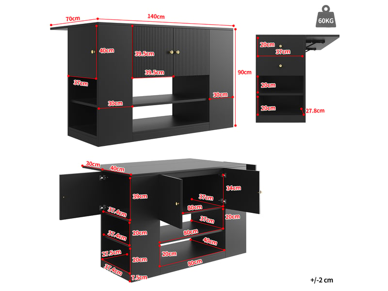  Ilot de cuisine 3 portes 2 tiroirs coloris noir Îlot de cuisine noir - Conforama C