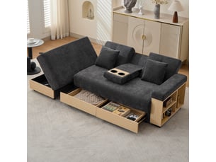 Canapé convertible 3 places, tissu chenille gris avec accoudoirs, canapé lit avec coffre de rangement et tiroirs pour salon moderne