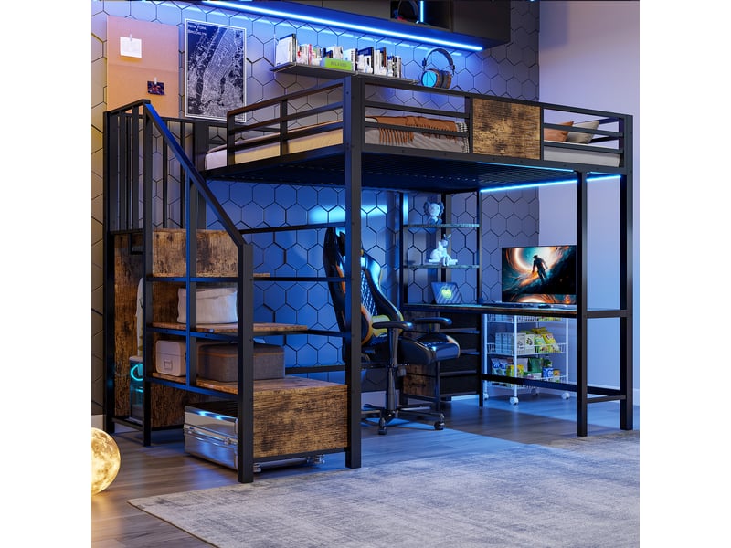  Lit superposé 140x200 cm, lit enfant, bureau, penderie, led, prise intégrée, métal noir  - Conforama A