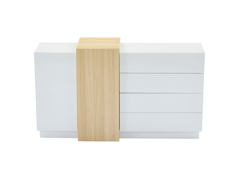  Buffet blanc laqué brillant 140x35x76,5 cm, meuble rangement moderne avec 4 tiroirs et 2 portes, mdf  - Conforama A