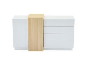 Buffet blanc laqué brillant 140x35x76,5 cm, meuble rangement moderne avec 4 tiroirs et 2 portes, mdf