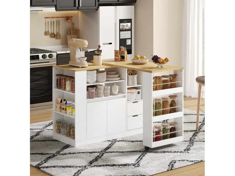  Îlot de cuisine 115x50x92 cm blanc et naturel, plateau rotatif extensible  - Conforama B